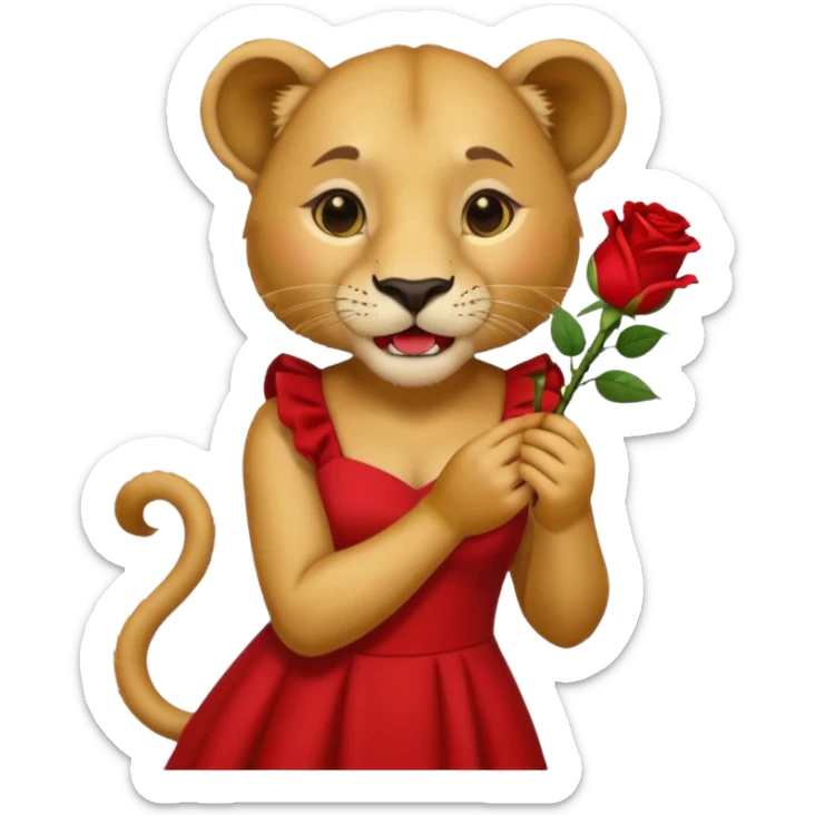A lioness wearing a red dress with a rose in her mouth ￼ sticker