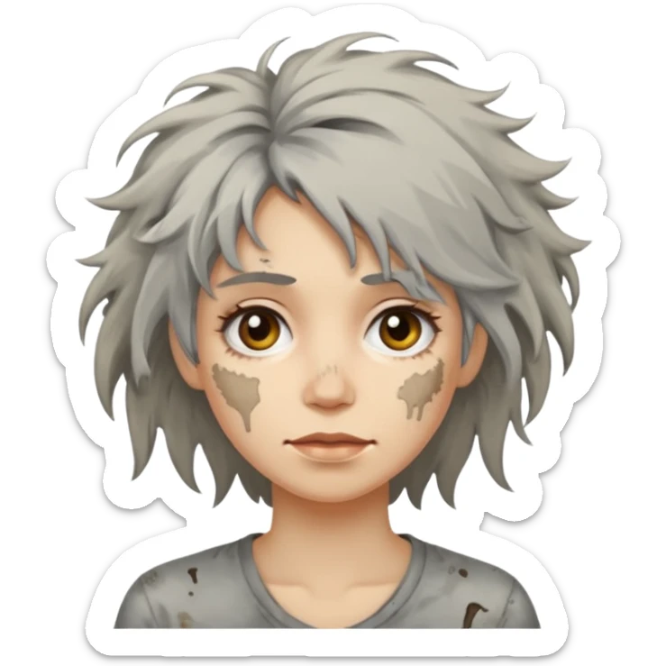very dirty looking homeless woman very very dirty and smelly looking face only, not old with grey smudges everywhere and messy hair and lots of stains on face ugly,  sticker