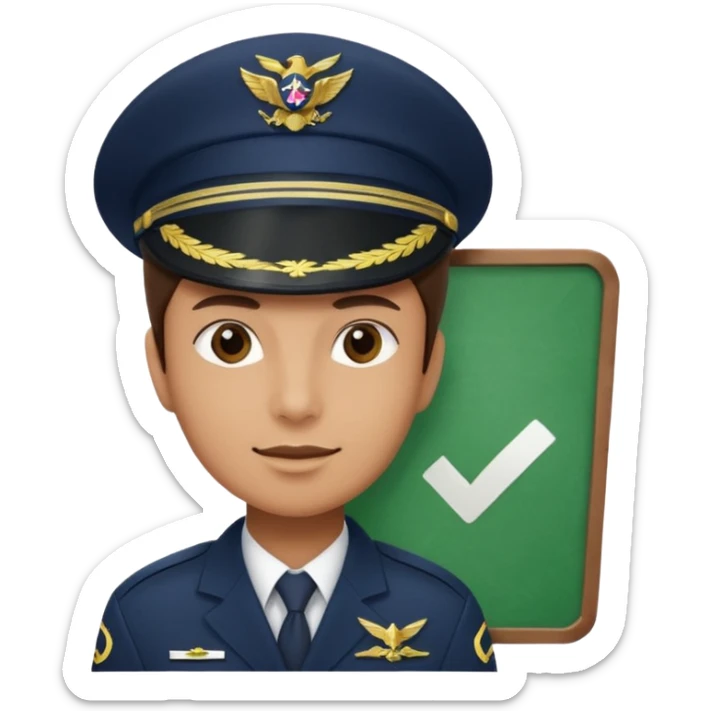 Slack-style emoji of a pilot wearing a slightly tilted navy captain hat holding a green board with a white check mark sticker