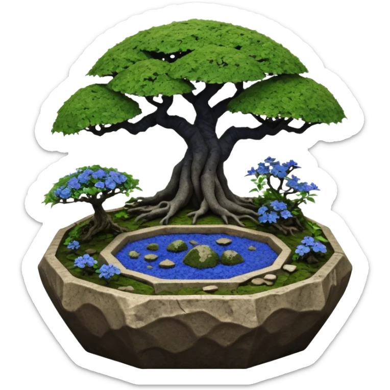 Alien saucer jungle-vines mountain-island landscape antique mudman very old broken cracked intricate Stone Age lapis-crusted irregular dodecagon-shaped shallow dark moss rough bark blue serissa flowered maple tree bonsai pot sticker