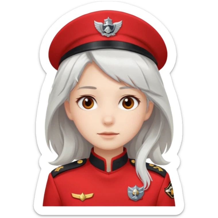 a girl with white loose hair, gray eyes maintains a calm expression on her face in a red captain's uniform to the waist sticker
