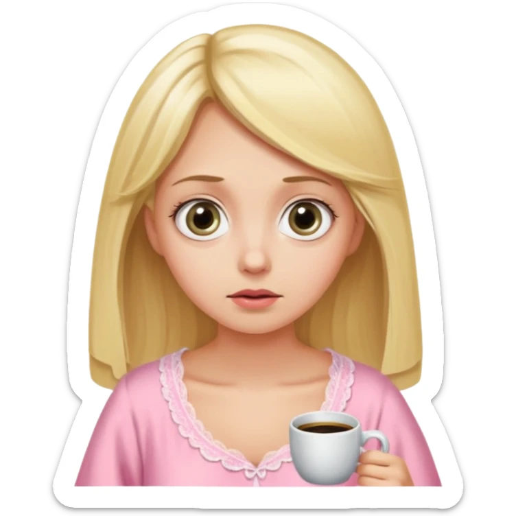 A blonde woman in a pink nightgown with wide eyes looks for coffee. sticker