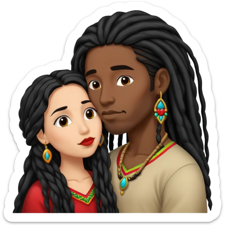 Mexican Woman with long hair kissing a young black guy with dreads no beard sticker