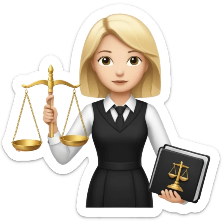 woman lawyer blanche et blonde avec des cheveux mi-long; elle est habillée avec une longue robe noire et une cravate blanche; elle soutient fièrement la balance de la justice  sticker