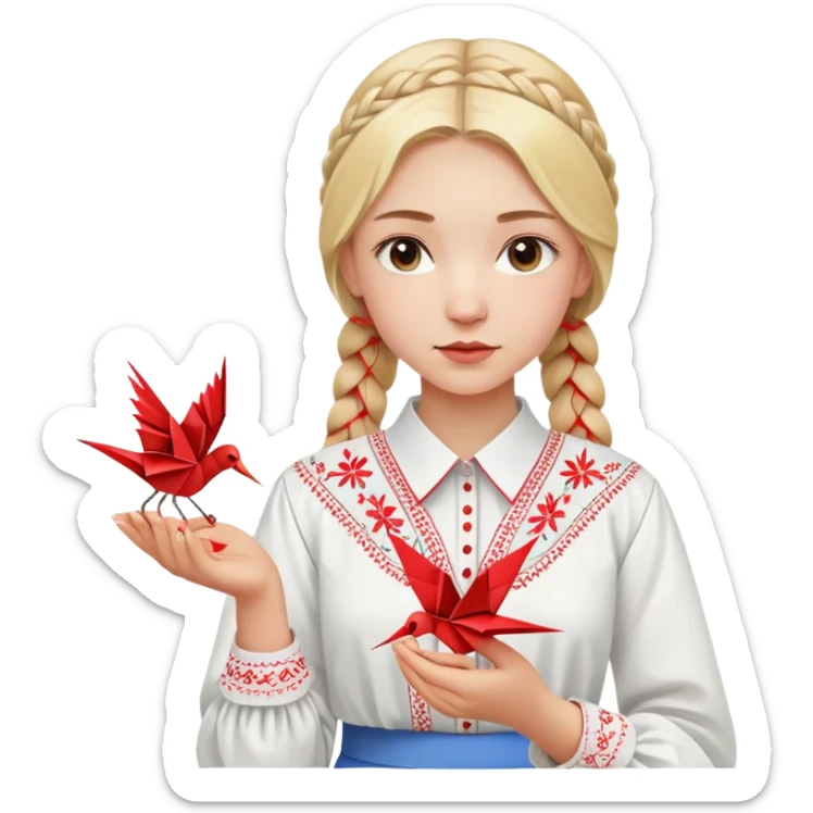 Ukrainian young girl with blonde braided hair wearing a white traditional embroidered shirt (vyshyvanka) holding a red origami paper crane in her hands sticker