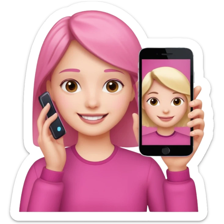 pink video call between one person holding the phone with a person on the phone screen sticker