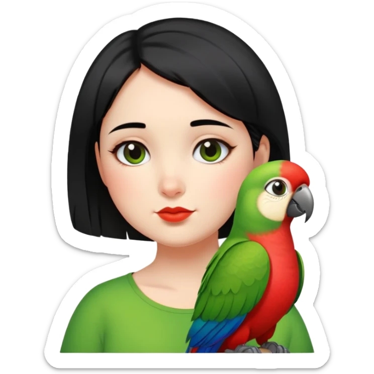 A chubby cheeks girl with short black hair with a green red lip parrot on her shoulder  sticker