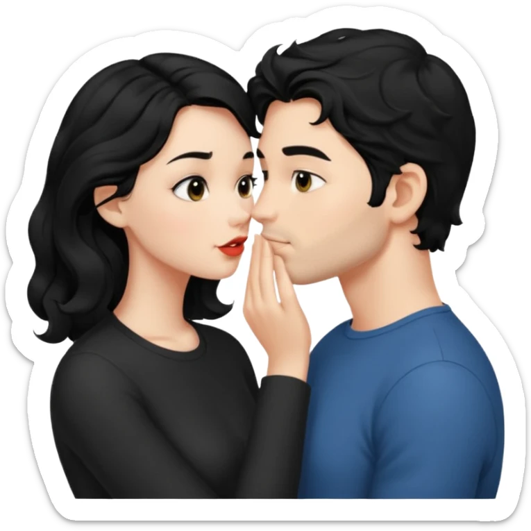 a handsome man with black short wavy hair, no beard, clean face tries to kiss a cute woman who has long~~ black hair sticker