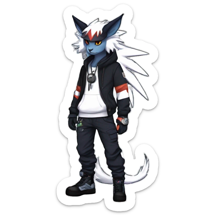 Cool Anthro Absol-Noivern-Litten-Lynx-Pokémon with edgy stripes hoodie spiked collar punk techwear Cargo Pants Full Body sticker
