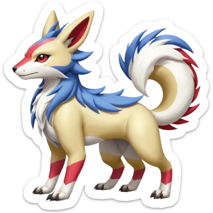 Colorful Skilled Adept Graceful Asian Painted WereGarurumon-Linoone-Meloetta-Renamon-Zangoose-fusion-hybrid-creature (full body) sticker