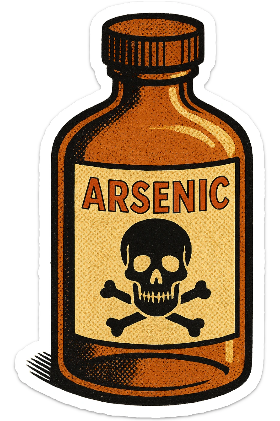 A closed medicine bottle with the word arsenic written on the bottle with a poison symbol sticker