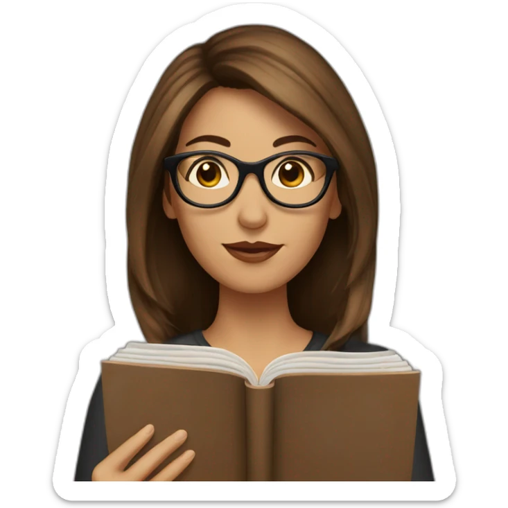 Woman with brown hair and black glasses reading a book sticker