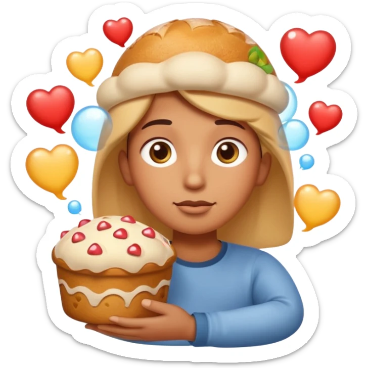 Apple-style emoji illustration of a person with dreamy eyes, and avobe them a thinking bubble with a traditional panettone inside the bubble, small hearts floating around, soft 3D emoji style, smooth gradients, rounded shapes, warm festive colors, simple expression. sticker