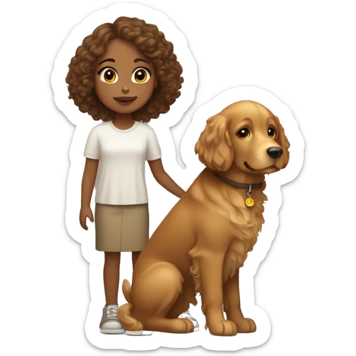 Tan skinned girl with  brown curly hair with a golden retriever puppy sticker