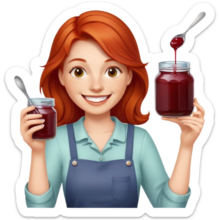 redhead woman with big smile holding a glass jar with jam in one hand and a little spoon with jam in other hand sticker