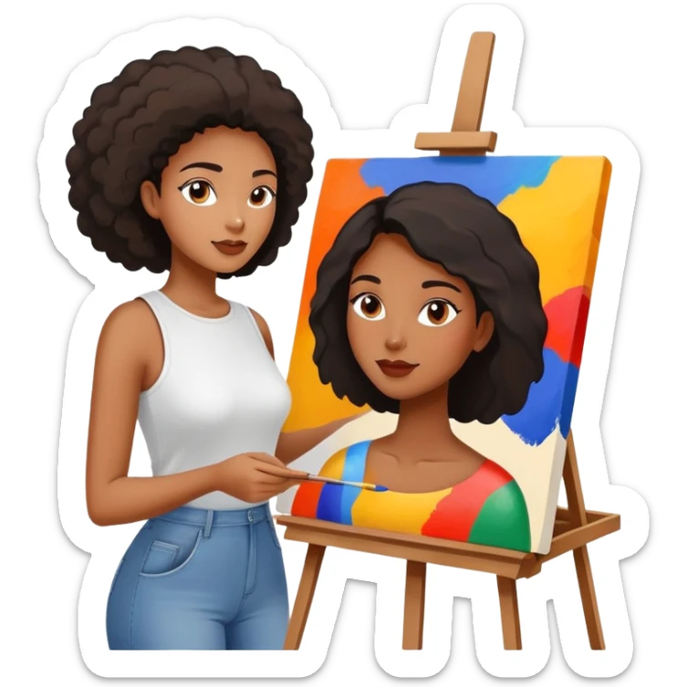 black women painting abstract shapes on canvas on painting easel sticker
