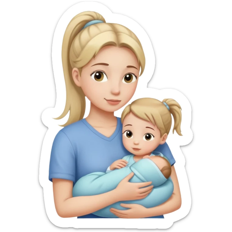Girl with ponytail gently hugging a newborn baby and a young girl, family moment sticker