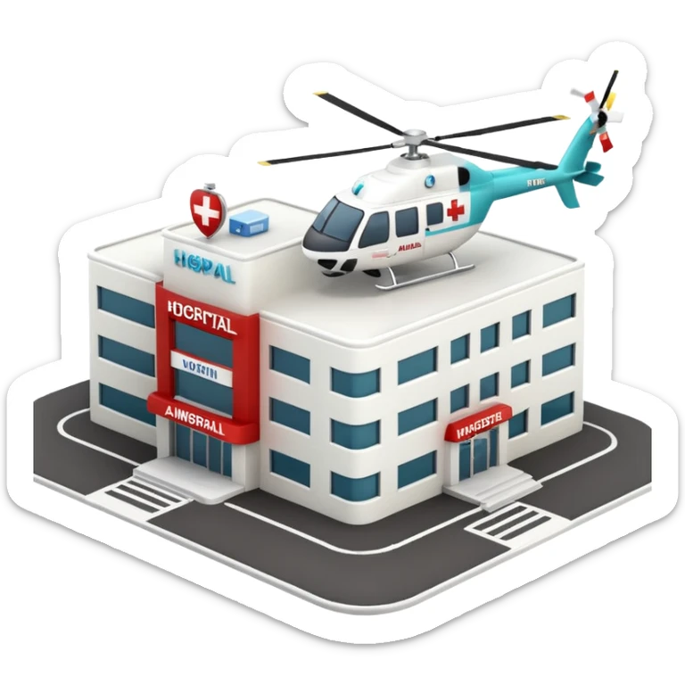3d hospital outside, with text hospital, ambulance, helicopter , no background sticker