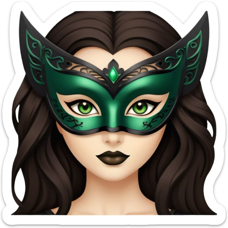 Greeneyed Woman with Long Dark brown hair wearing Black venetian mask sticker