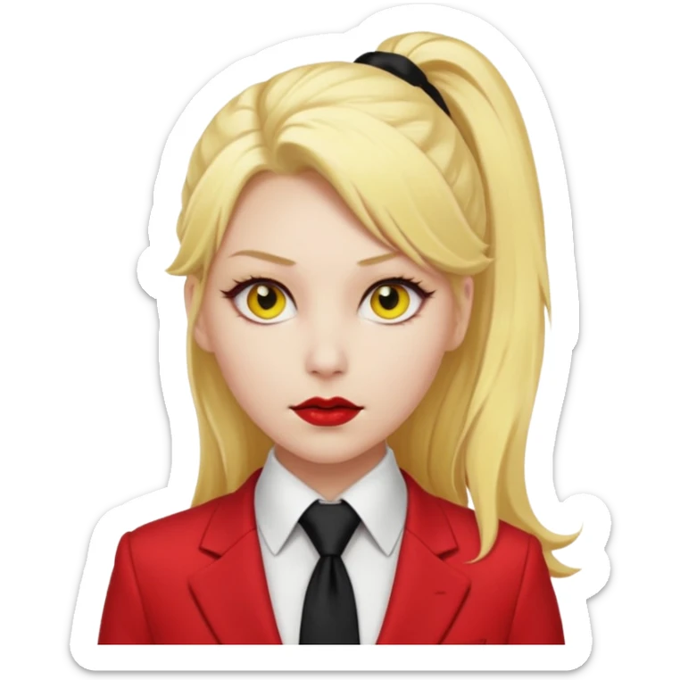 Woman with porcelain white skin, thick blonde hair that's in a thick, long ponytail, has a black nose, yellow scleras, red pupils, and a red suit with a black tie. Demon sticker