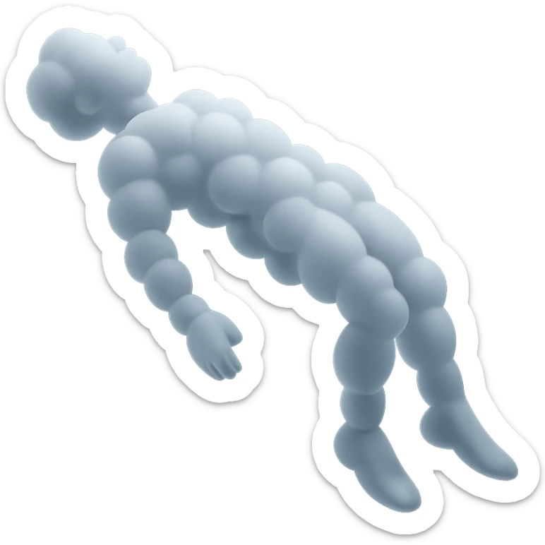 side view of unconscious person flying upwards by torso, legs and arms downwards, made of small very bright white fluffy convex clouds, matte glass style sticker