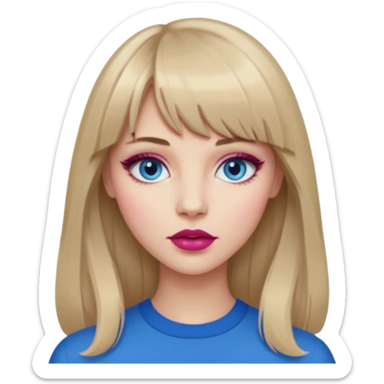 Woman with long dark blond hair and bang, blue eyes, raspberry lip  emoji sticker
