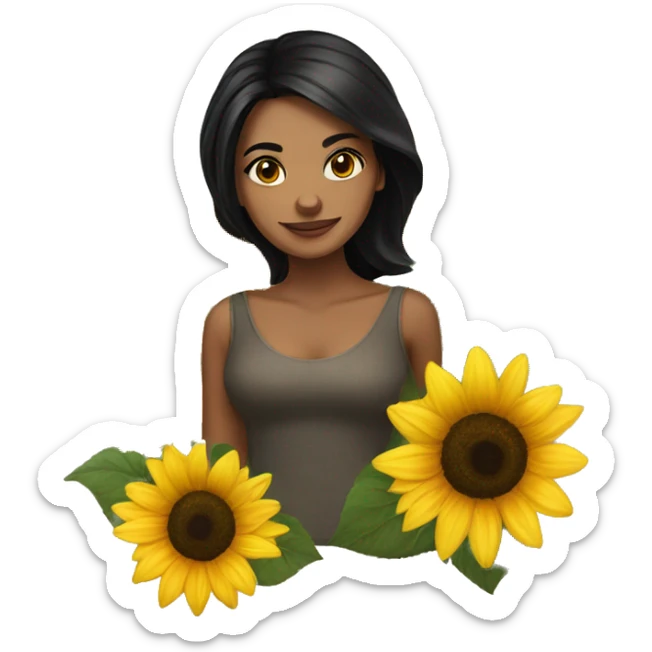 Beautiful lady with black hair and brown eyed , holding sunflower sticker