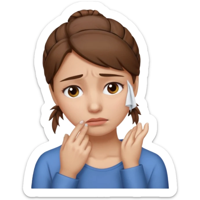 ["Sad woman with brown hair tied up, wiping away a tear."] sticker