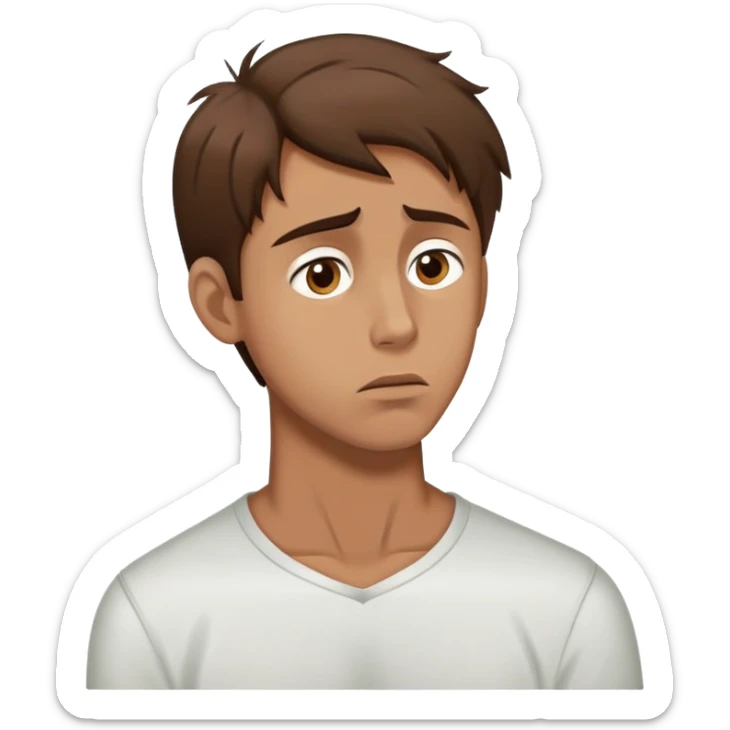 a man with brown hair staying in a
full height in profile with anxiety and begging face with a broken heart sticker