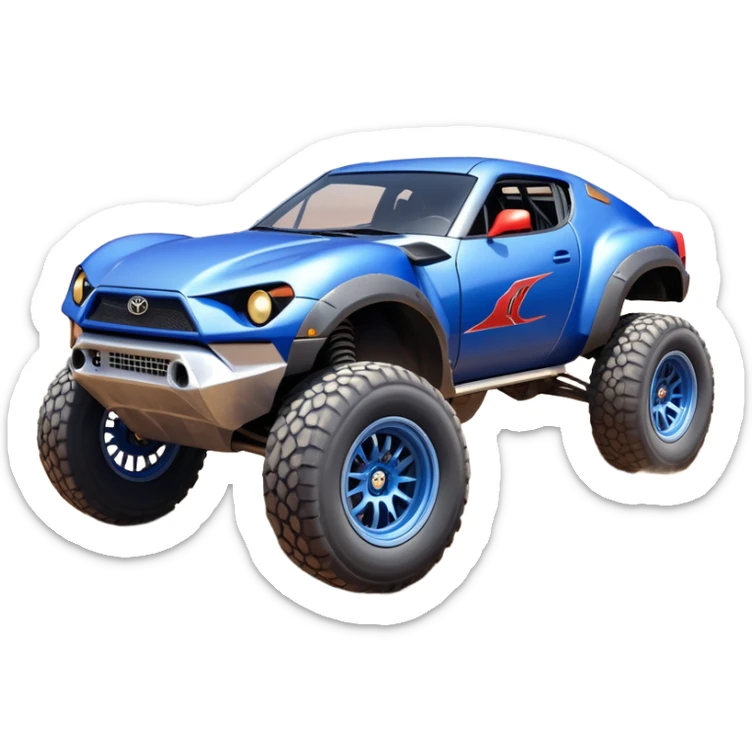 Satan’s evil night blue Dirty and dented Local Motors Rally Fighter off road race car hot rod meets Toyota 86 trophy truck-style basher flying on a dusty road (silver wheels) sticker
