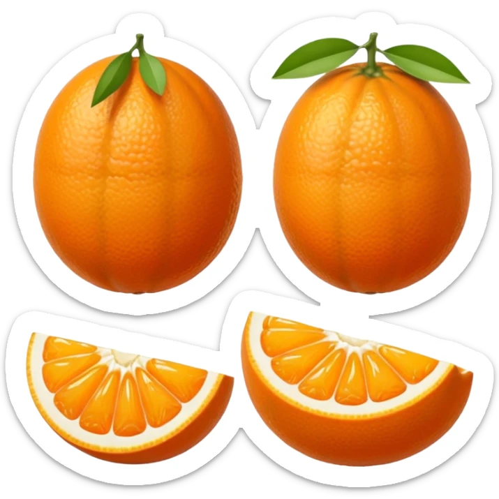 small oval citrus fruit with smooth glossy orange skin, whole and halved to show juicy segments and tiny seeds, firm slightly dimpled texture, miniature scale, no leaves or extras, soft lighting, subtle shadows, emoji scale sticker