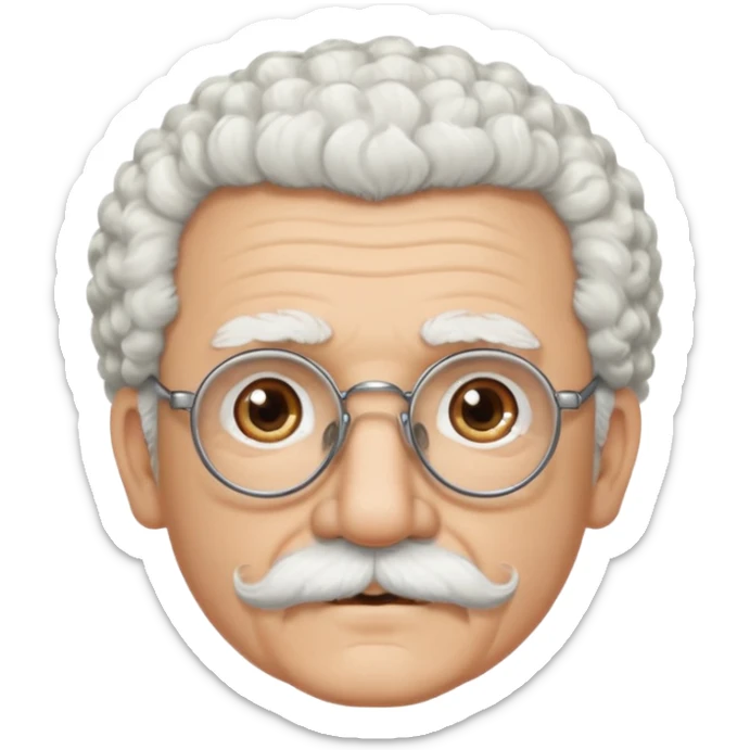 An elderly man emoji with light skin, fluffy curly white hair, thick white eyebrows, brown eyes behind black-framed glasses, a small nose, and neatly groomed white facial hair — a mustache and a short goatee. sticker