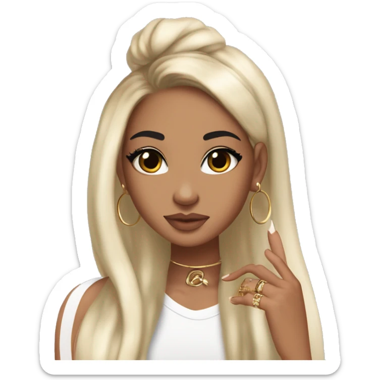 Glamorous, streetwear, black hair, long straight hair, olive skin, brown almond eyes, winged eyeliner with big lashes, wearing hooped earrings, rings and bracelets, almond shaped fake nails, wearing athletic wear sticker