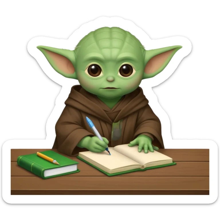 Baby Yoda con su tunica chocolate escribiendo en un cuaderno sobre un escritorio sticker