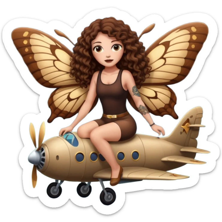 giant moth ride — long wavy brown hair tattooed woman and short tight curly brown hair woman — night flight sticker