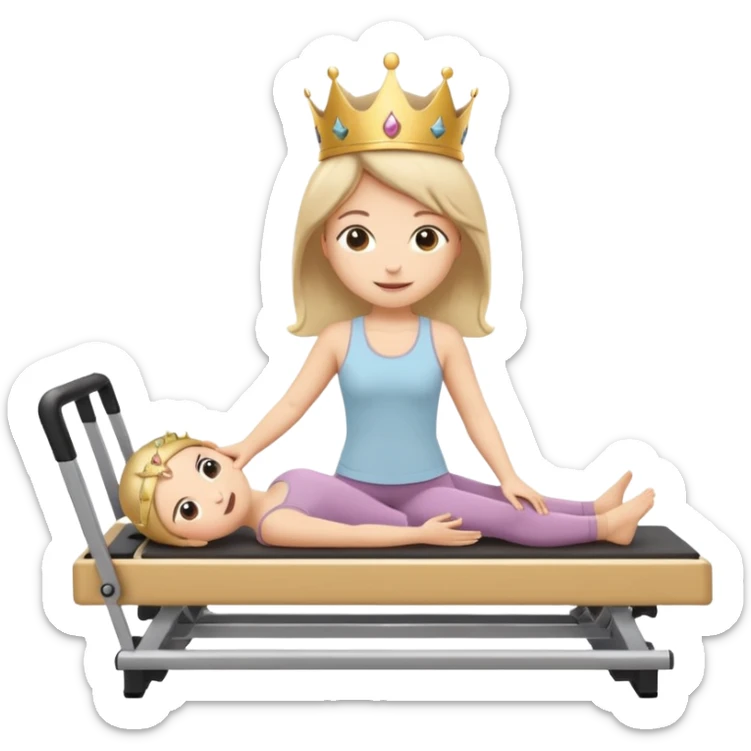 Cute sticker emoji of a “Pilates Princess” doing Pilates on a reformer machine. She is wearing beige activewear with a tiny crown. Soft kawaii style, round shapes, happy face. White outline, vector, transparent background. sticker