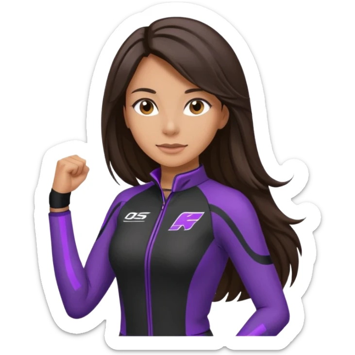 brunette long hair woman with black racing outfit with single purple strips on arms sticker