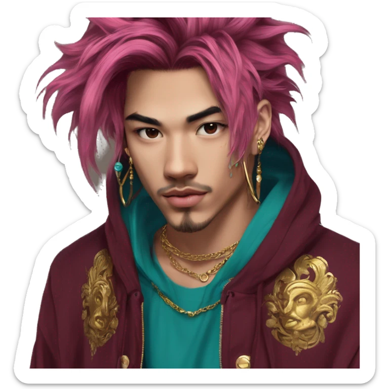 Vintage grunge patina intricate swirls gold jewellery baroque golden sparkle tropical Deep pink maroon burgundy cyan dark hoodie man dyed hair gold piercings nose piercing ear piercings sticker