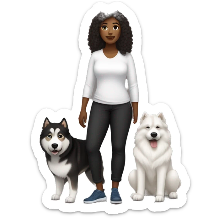a white woman. is wearing black loose trousers and a white shirt. She is a cute, curvy woman with brown curls at shoulder length.    next to her is an Alaskan malamute dog. the dog is black with a white spot on his face. sticker