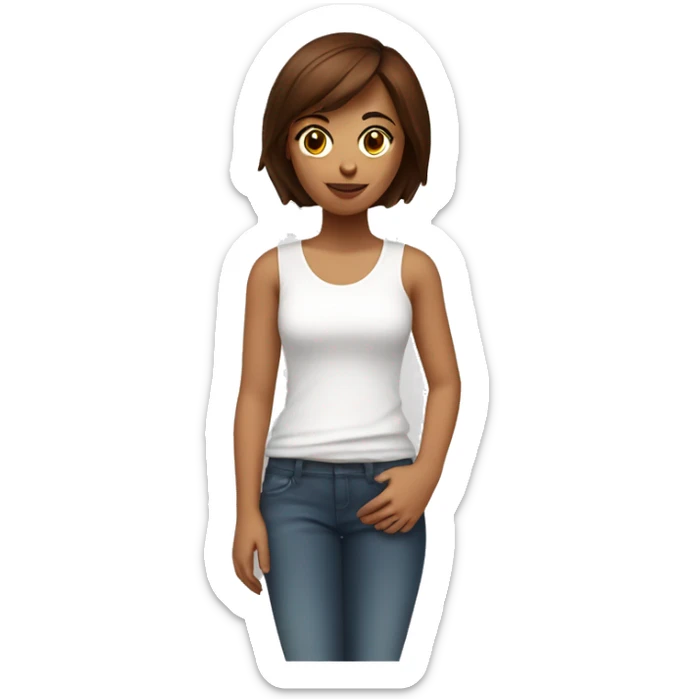girl with short brown hair, white t-shirt with sangria, and with a little person on her arm   sticker