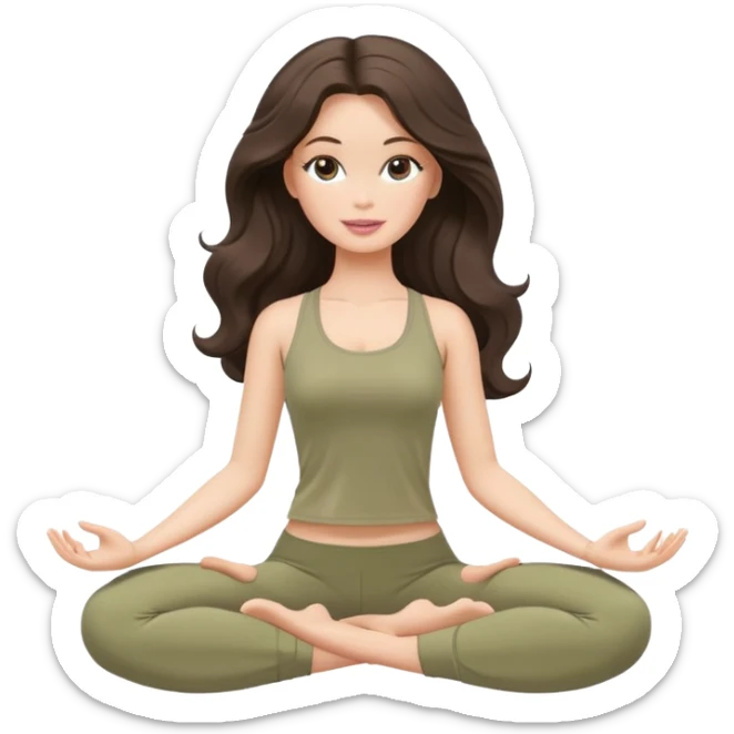 A white Barbie girl with long dark brown wave hair in a pale olive clothes doing yoga sticker