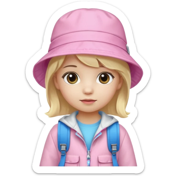 A little girl student white skin, blonde hair, with pink bucket hat, white jacket, blue backpack sticker