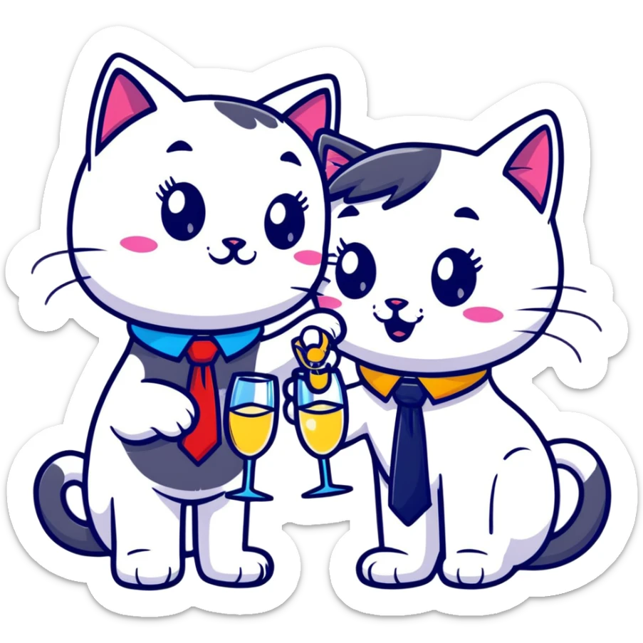 happy girl cat with eyelashes wearing a colorful necktie and happy boy cat wearing a professional necktie clinking champagne glasses together in celebration, both with cheerful expressions sticker