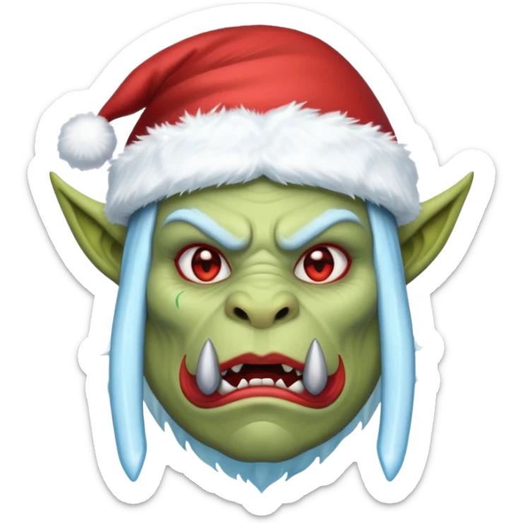 Fantasy orc emoji portrait, Santa Claus hat stretched around tusks, tusks covered with ice and crimson frost cracks, cold predator expression, winter hunt atmosphere, minimal clean emoji design, female variant
 sticker