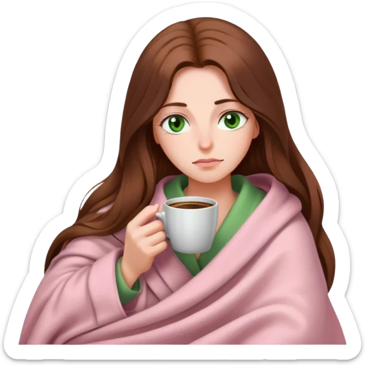 woman with very long brown hair and green eyes in a light pink blanket sleepy with coffee sticker