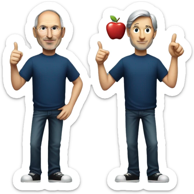 Steve Jobs, wearing a dark blue t-shirt, with his hand raised giving a thumbs up, Steve Jobs with rich details, identical, on the dark blue t-shirt an apple symbol, great quality, emoji grabbing from the torso up sticker