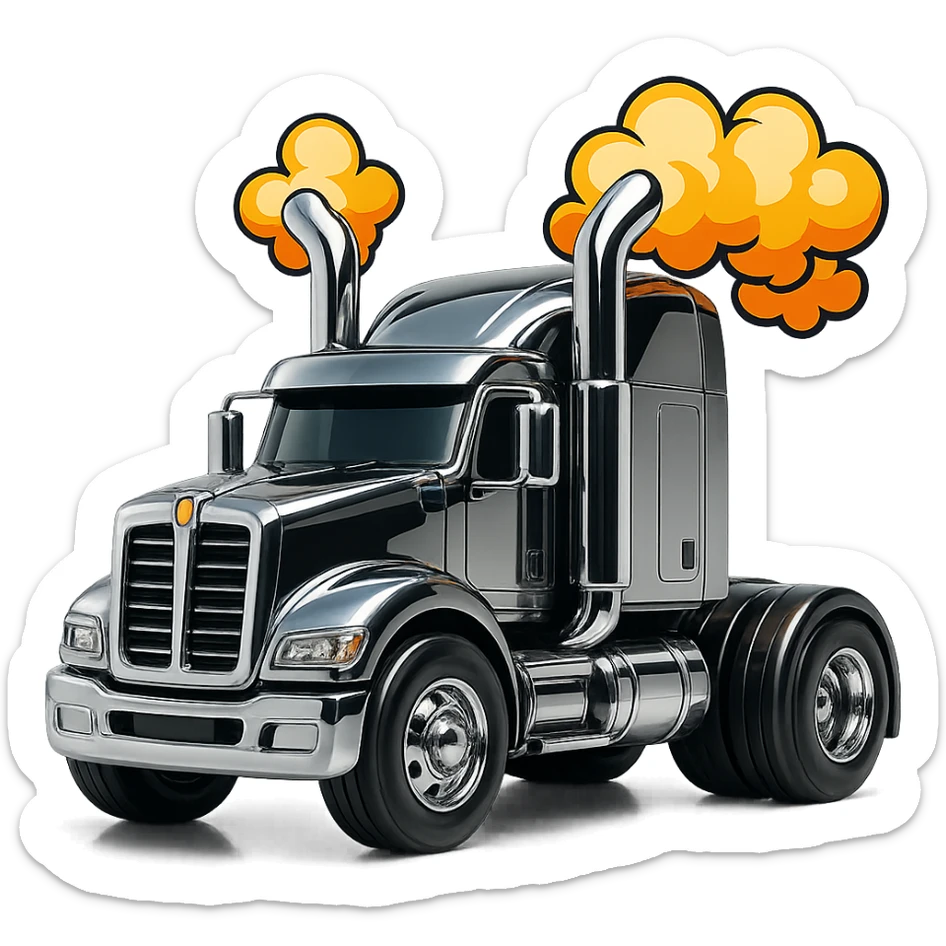 Add bold cartoon smoke coming out of the chrome stacks of the black Kenworth W680 truck rolling down the road. Emphasize big wheels, fun proportions, and a sense of speed with a transparent background. sticker