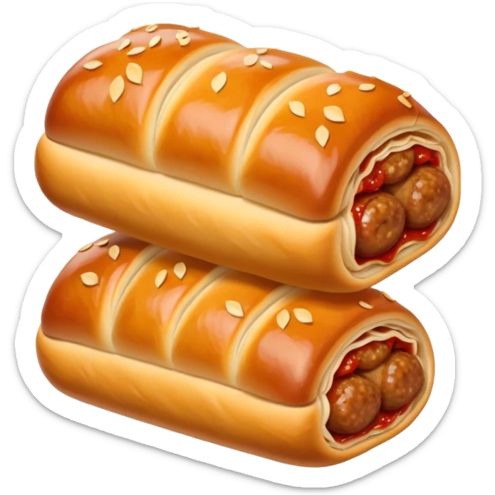 cinematic-realistic-sausage-roll-dish-emoji,-depicted-with-a-crisp,-golden-pastry-wrapped-around-flavorful-sausage,with tomatoe sauce on top sticker