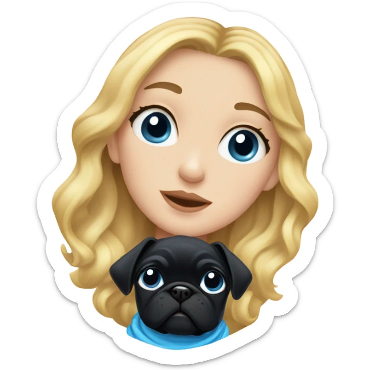 Girl with wavy blonde hair and blue eyes, kissing a black pug sticker