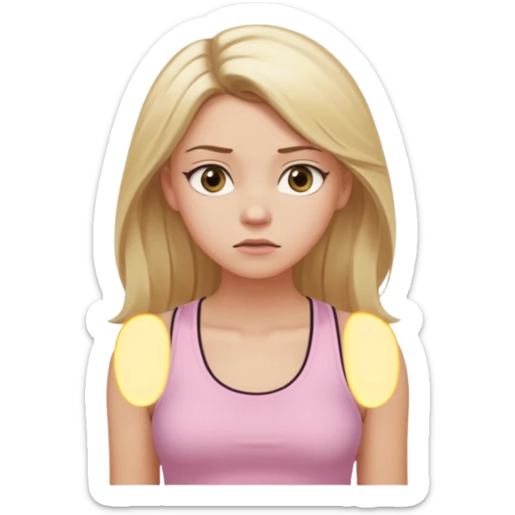 Create a young woman with long blonde hair, golden eyes, and medium-light skin tone, wearing a light pink tank top and leggings. She should be in portrait mode, but with a subtle doubting facial expression—slightly raised eyebrow, small frown, .  and her hand next to her chin like a thinker sticker